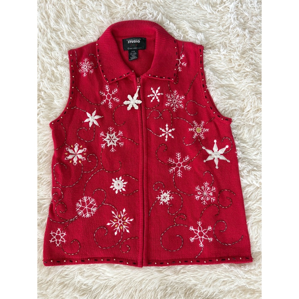 Studio Joy Christmas Vest Womens PM‎ Petite/Medium Red Snowflake Knit Holiday